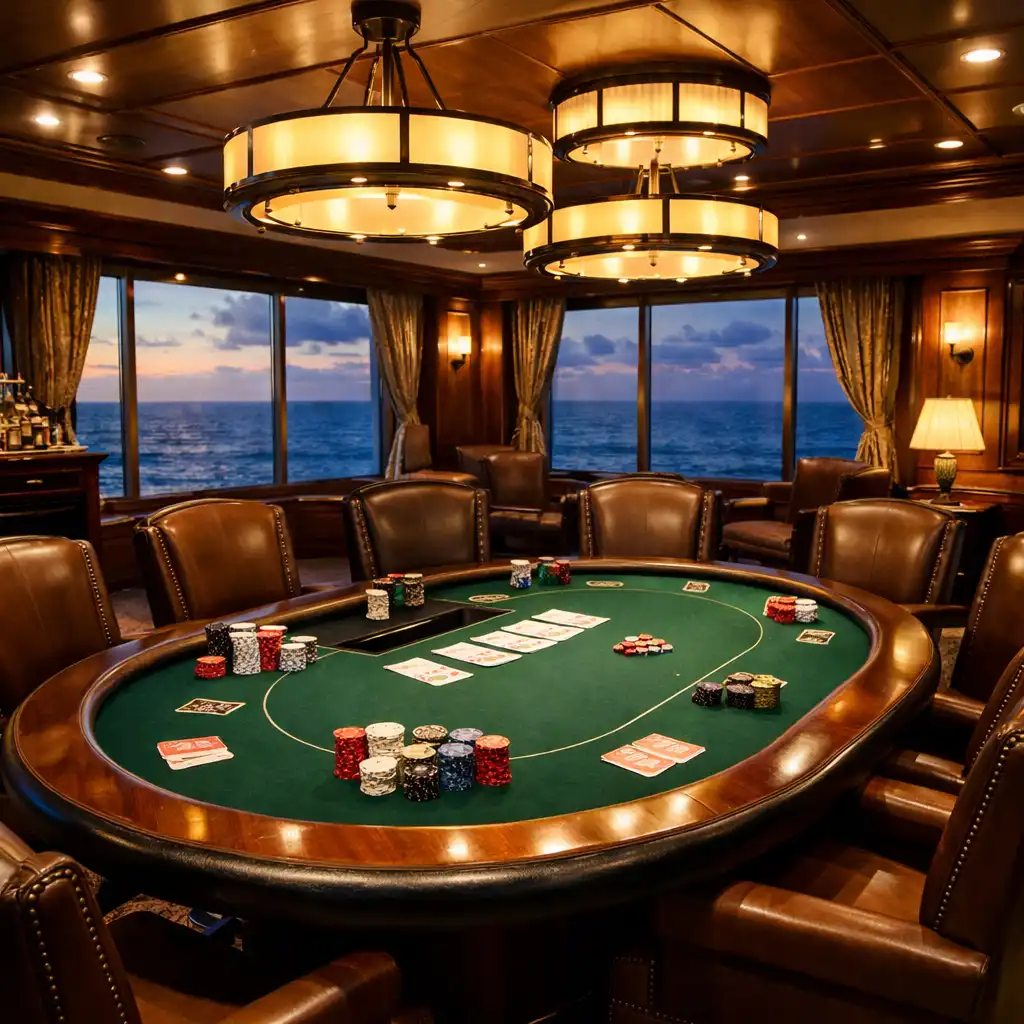Elegancki poker room na statku wycieczkowym z widokiem na morze