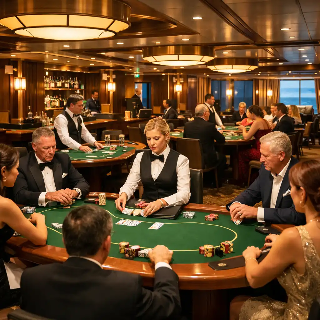 Wnętrze poker roomu na statku z kilkoma stołami i graczami