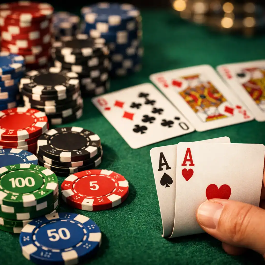 Zbliżenie na stół pokerowy z kartami i żetonami