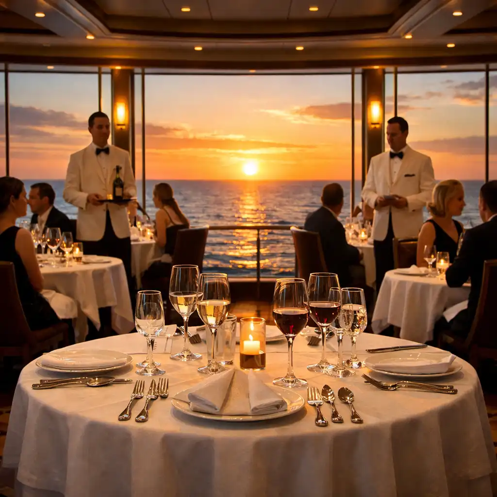 Elegancka restauracja na statku wycieczkowym z panoramicznymi oknami wychodzącymi na ocean