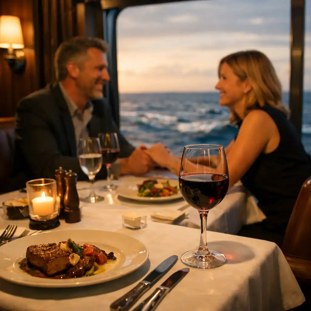 Restauracja specjalistyczna na statku z widokiem na ocean, stolik przy oknie z eleganckim nakryciem